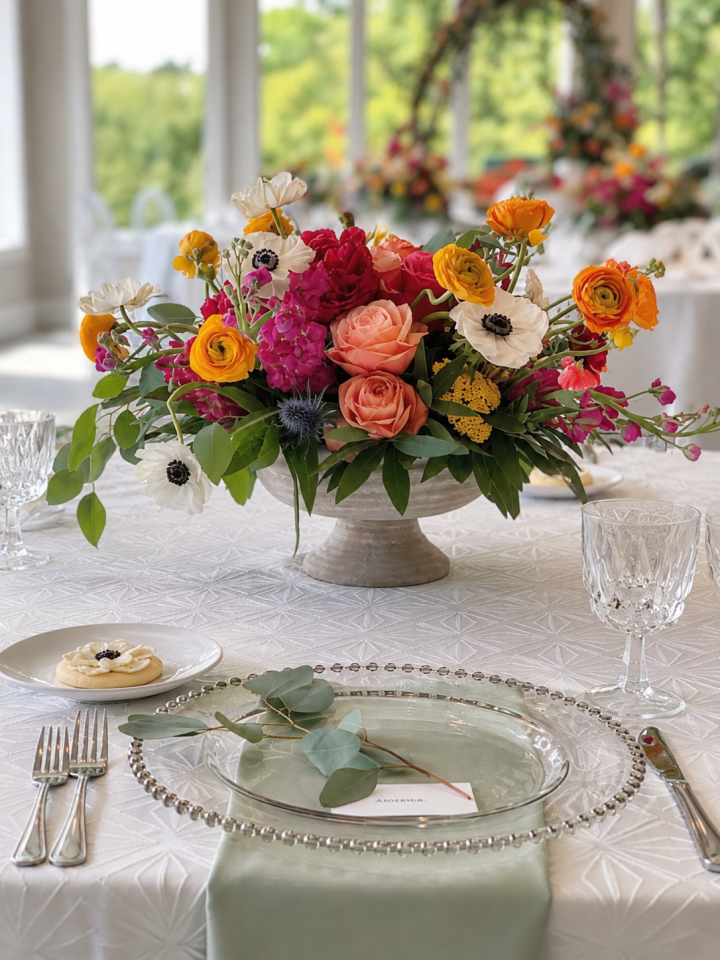 Colorful centerpiece of ranunculus, anemones, roses and stock in a stone pedestal bowl above a place setting with a beaded charger and sage napkin