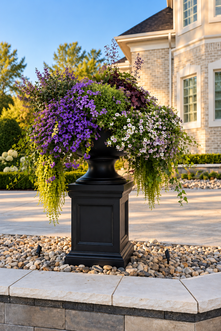 Black pedestal urn overflowing with purple and white blooms and trailing greenery